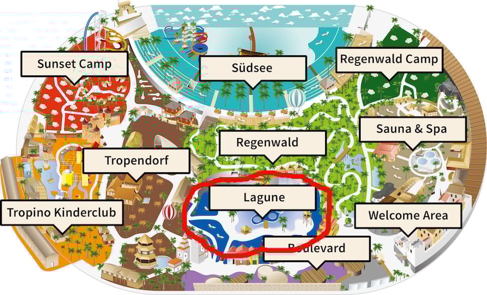 A map of the interior of Tropical Islands. The area marked in red is perhaps a third of the length of the overall floor space, and perhaps a third of the breadth.