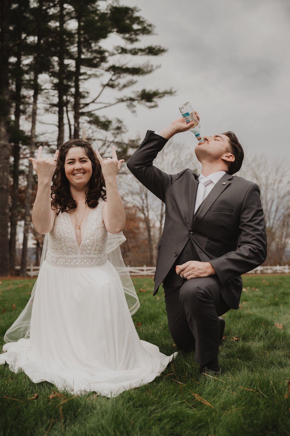 a bride and groom posing for a photo