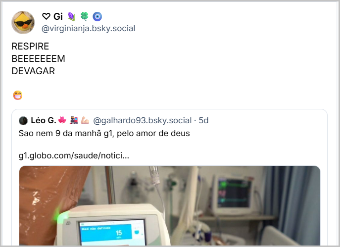 Post de ♡ Gi 🪻🍀🧿 (‪@virginianja.bsky.social‬), citando o post acima com o texto: RESPIRE 
BEEEEEEEM
DEVAGAR

😁