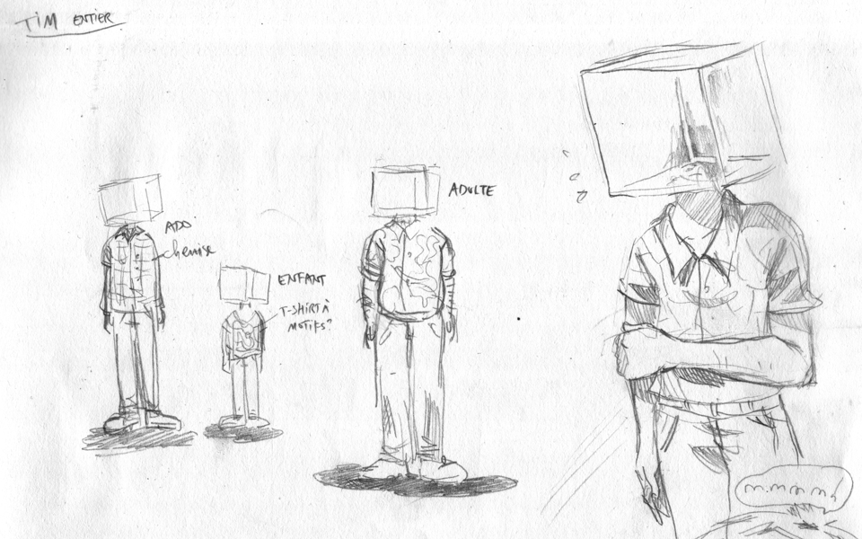 rough pencil sketch of Timothée at various ages. “Kid, “Teenager”, “Adult”. Arrows pointing toward the patterned shirt. Adult Tim looks fatter than on the key art. The heads are bigger too.