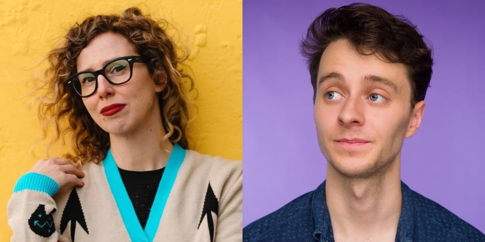 Lovely colourful pictures of Katy Schutte (yellow) and Liam Webber (purple).