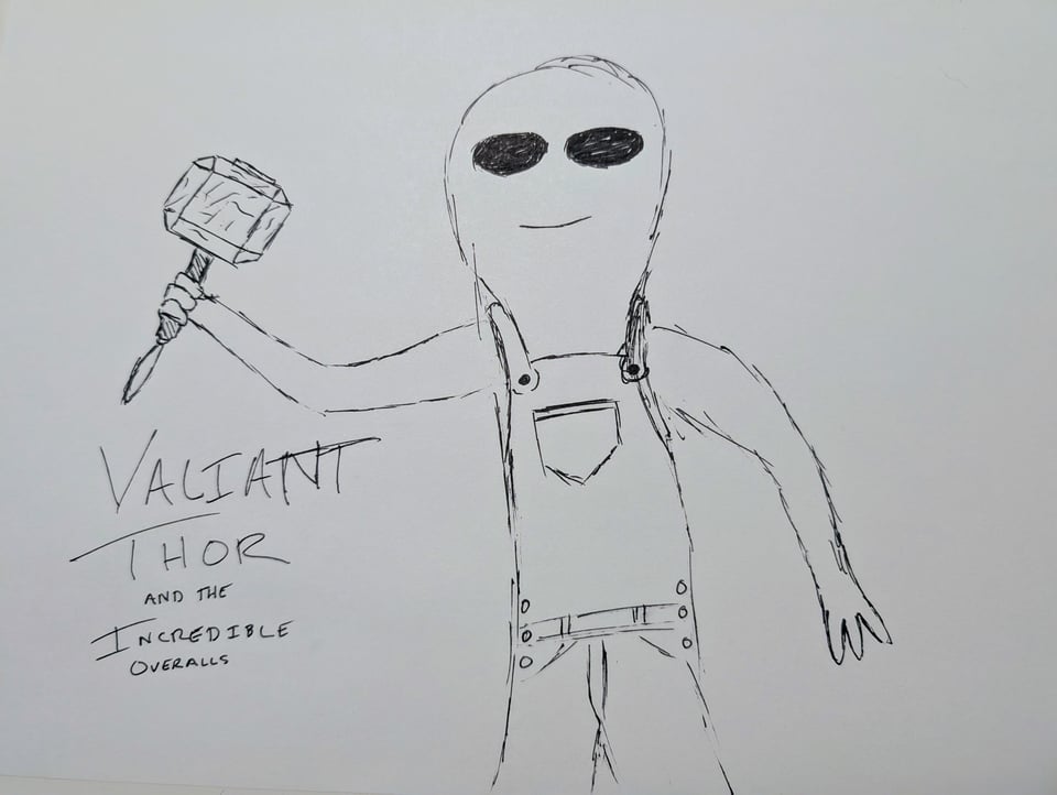 A rough sketch of an alien wearing overalls and wielding a mystical hammer
