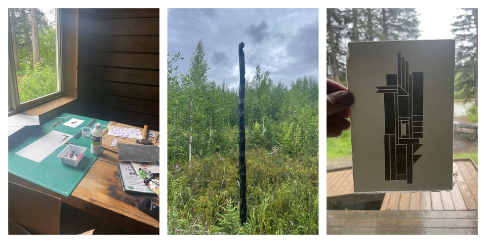 Three images from my artist residency: the table in the cabin, a burned tree, and a small collage.
