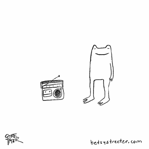 GIF animation of a frog dancing to music from a boom box
