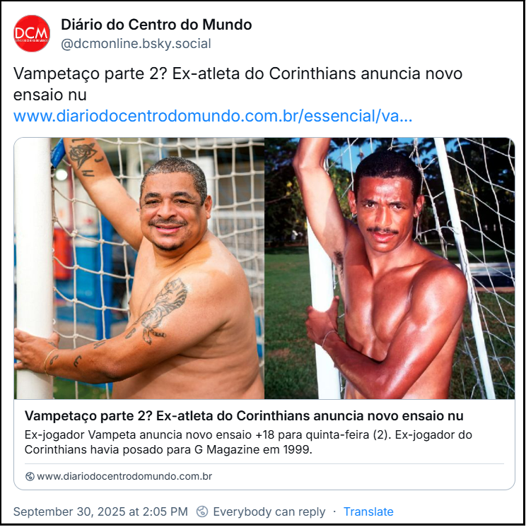 Post de Diário do Centro Mundo (@dcmonline.bsky.social) com o texto: “Vampetaço parte 2? Ex-atleta do Corinthians anuncia novo ensaio nu”. Porst tem link pra matéria no DCM, link no final desse texto.