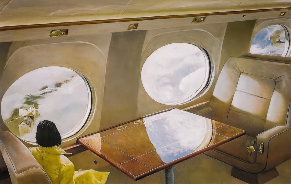 A painting of a woman sitting on a plane and looking out the window to the land far below