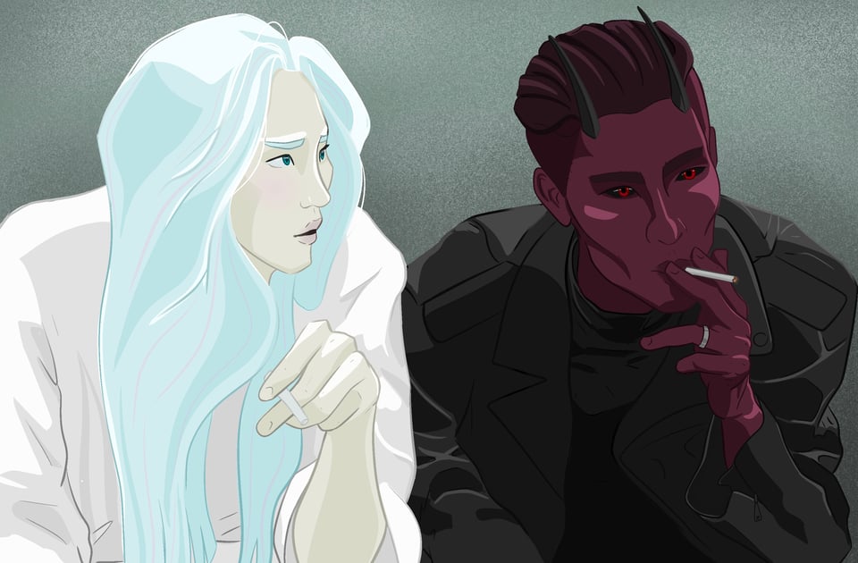 Malcifer and Remiel sit side by side. Malcifer is wearing a leather jacket and takes a pull from a cigarette. Remiel wears a white shirt and holds a cigarette in his fingers, looking towards Mal and speaking. Remiel's long hair is worn down, and it's iridescent white with shades of blue and pink.