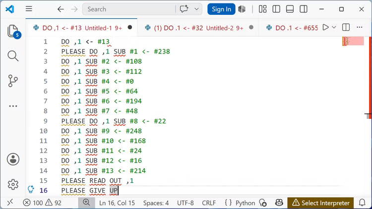 Screenshot of the Visual Studio Code editor, with a snippet of INTERCAL programming. It has lines like "DO , 1 <- #13", which appear to be assigning values to variables -- but it also has several lines that have the word "PLEASE", such as "PLEASE READ OUT , 1" and "PLEASE GIVE UP". The overall effect is pretty funny