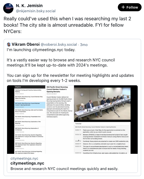 A screenshot of a Bluesky post by N.K. Jemisin