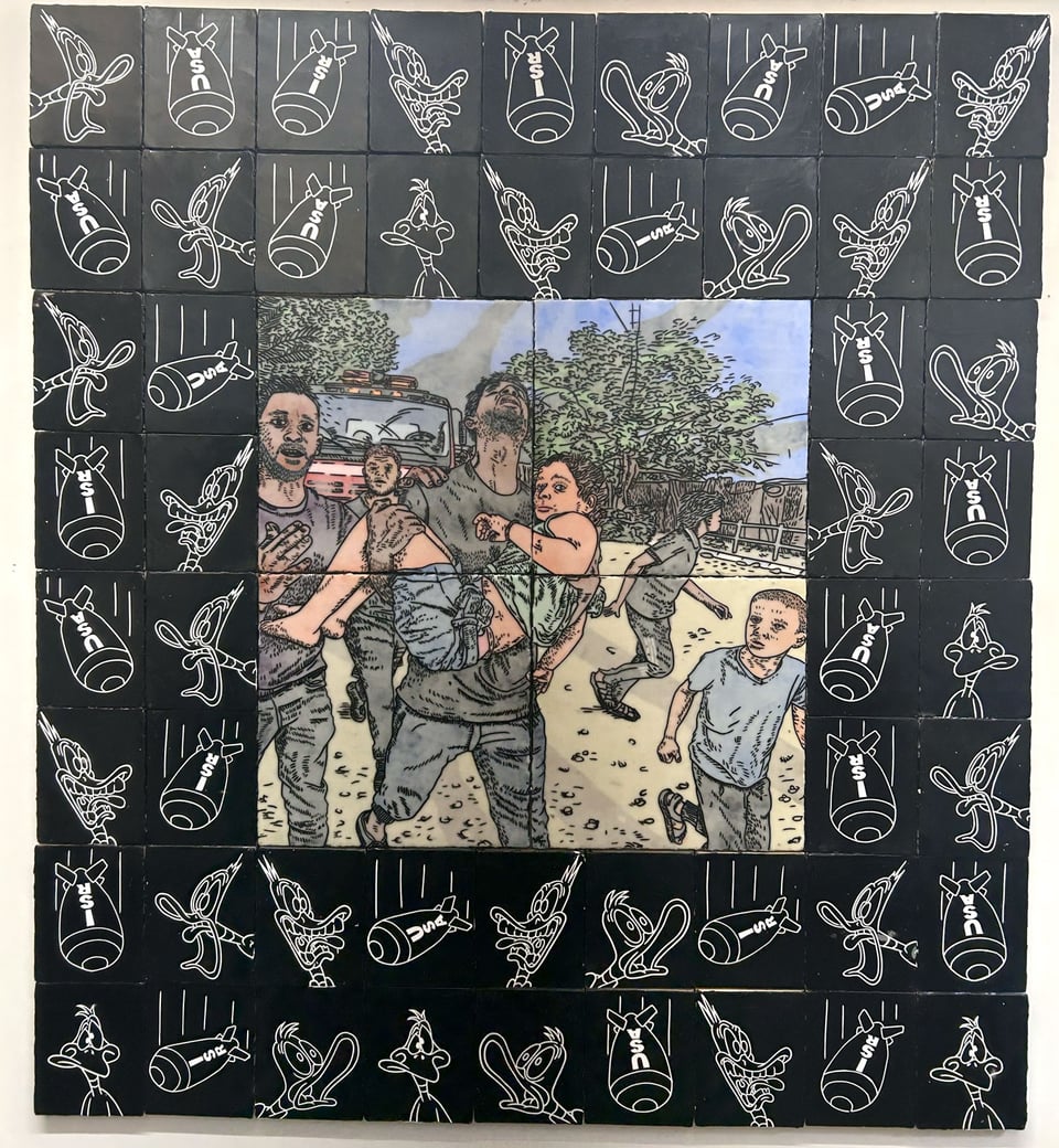 Painting. Center is a scene of a school bombing in Gaza. With adults and children running away. One child is being carried by a screaming man, possibly her father? That image is surrounded by a frame made of black and white images of screaming ducks and bombs labeled USA and ISR.