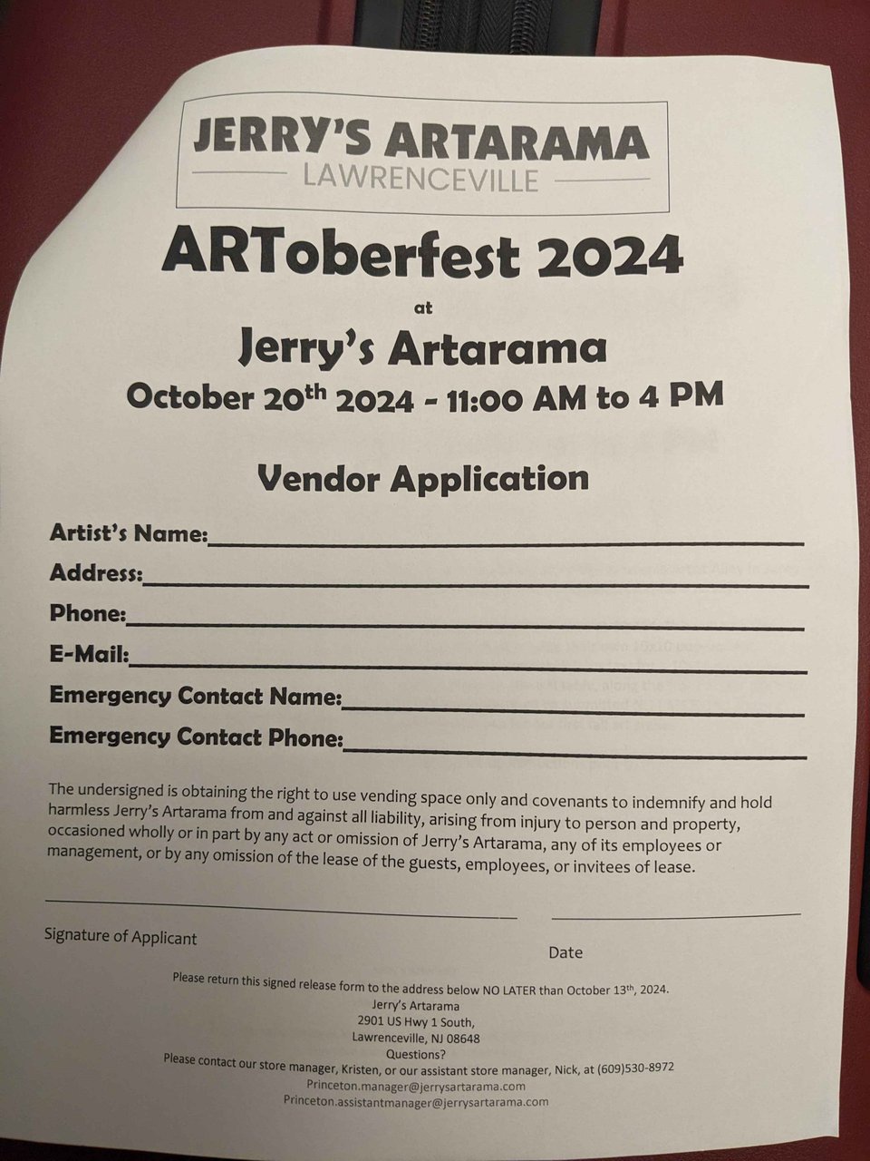 Jerry's Artarama Vendor Application form. It asks for the artist's name and contact info, plus an emergency contact.