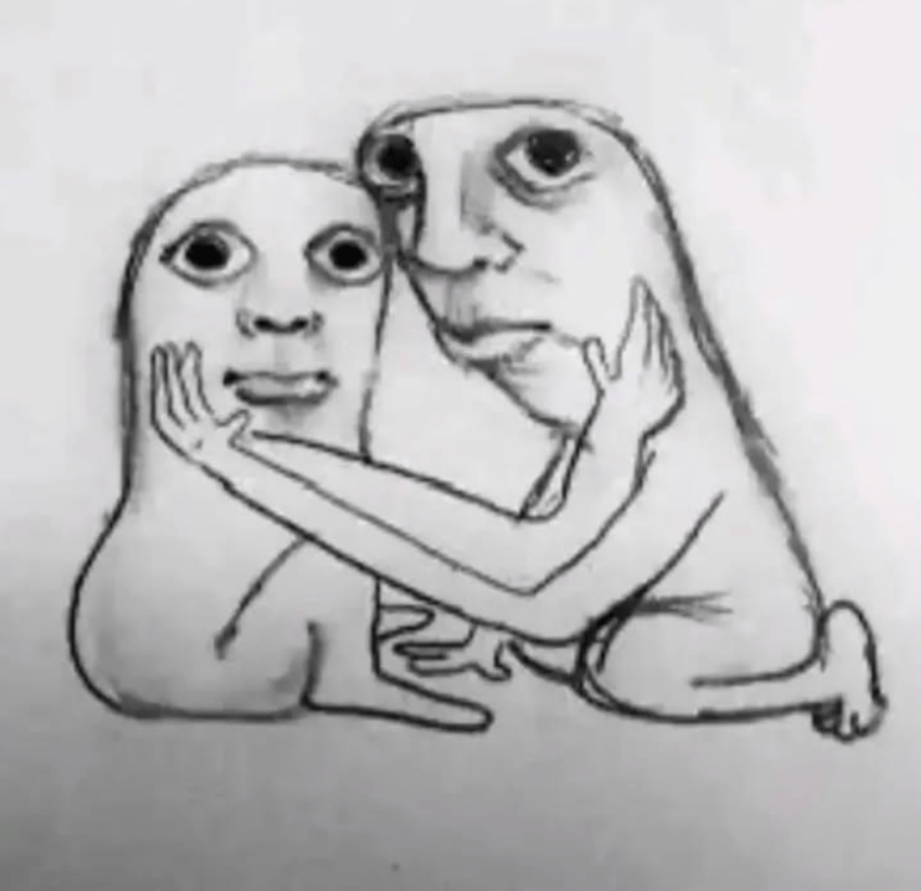 A drawing of two thumb people with large eyes and noses holding each other