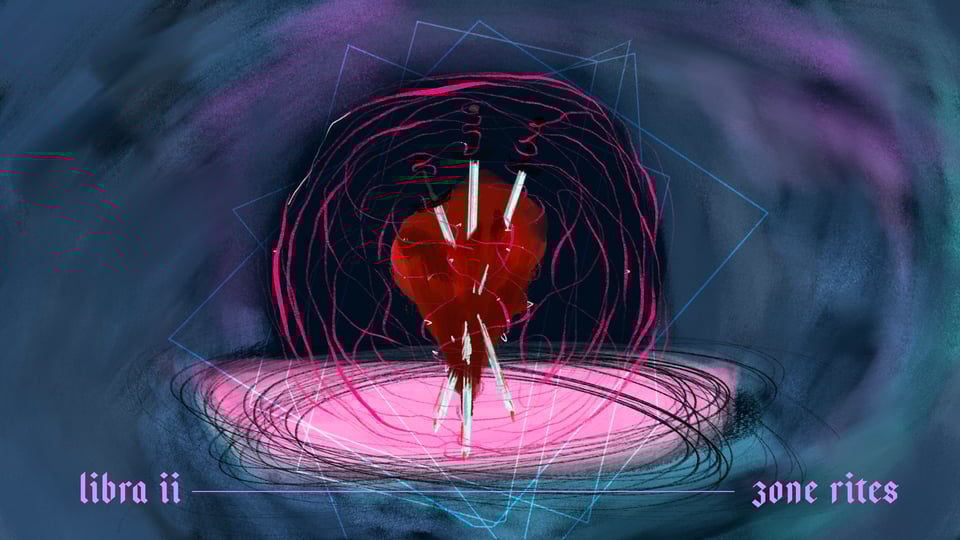 A heart stabbed with three swords surrounded by pink light