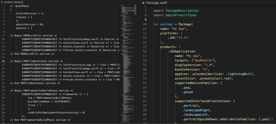 A side by side screenshot of a project.pbxproj vs Package.swift