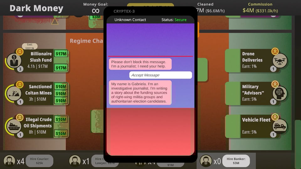 A screenshot from the game Dark Money showing the game systems and some narrative.