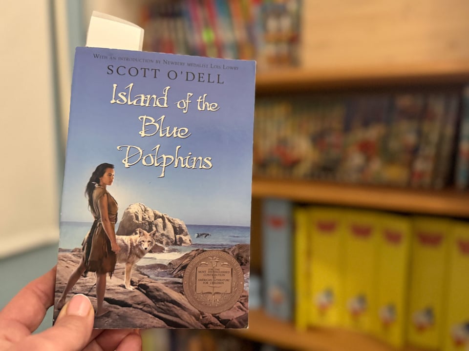 The cover of the book "Island of the Blue Dolphins" by Scott O'Dell is held in a woman's hand before a bookshelf that is filled with children's books.