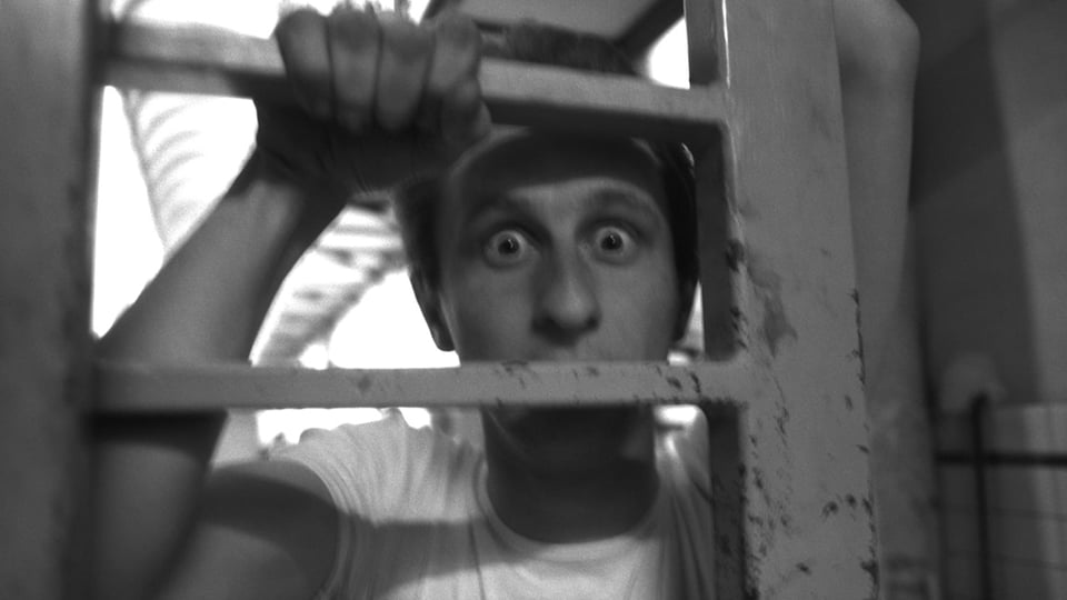 The serial killer stares wide-eyed between rungs of a ladder in Man Bites Dog