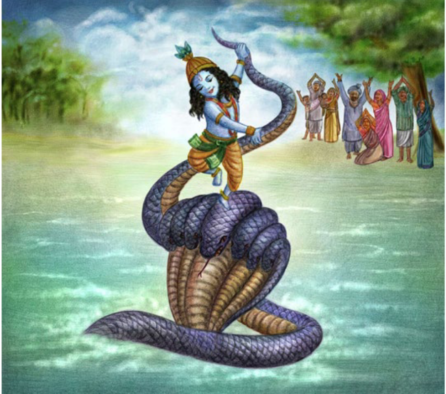 Une peinture représentant le dieu Krishna, enfant à la peau bleue, victorieux de son combat contre le serpent Kaliya à sept têtes. Il est sur un lac perché sur le serpent, tandis que les villageois l'acclament sur la rive. Le tout est vivement coloré.