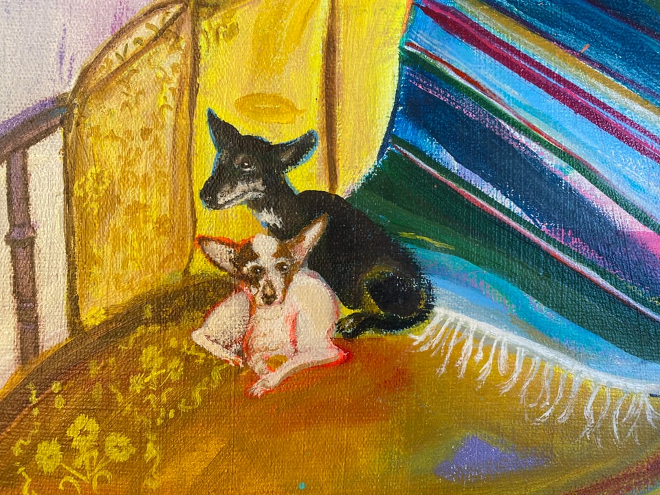 a painted image of two dogs one white and brown, one black sitting on a yellow chair with a serape.