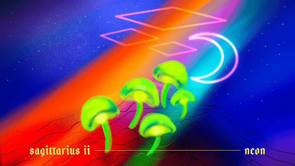 neon mushrooms in cosmic pathway