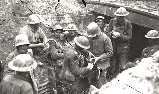 Two German soldiers are captured by Canadians in preparation for the assault on Vimy Ridge.