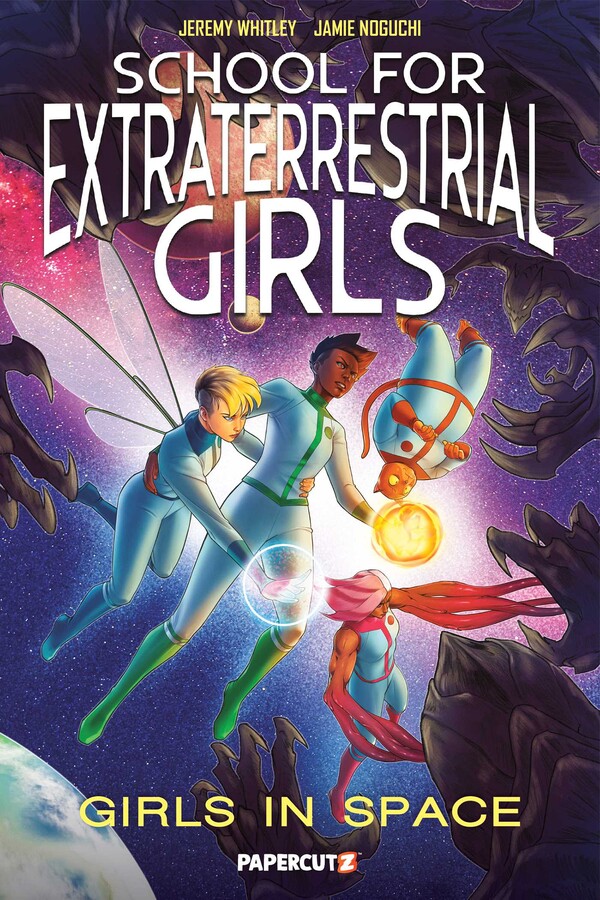 The cover for School for Extraterrestrial Girls Volume 3 has our heroes floating in space with evil alien shadows closing in around them.