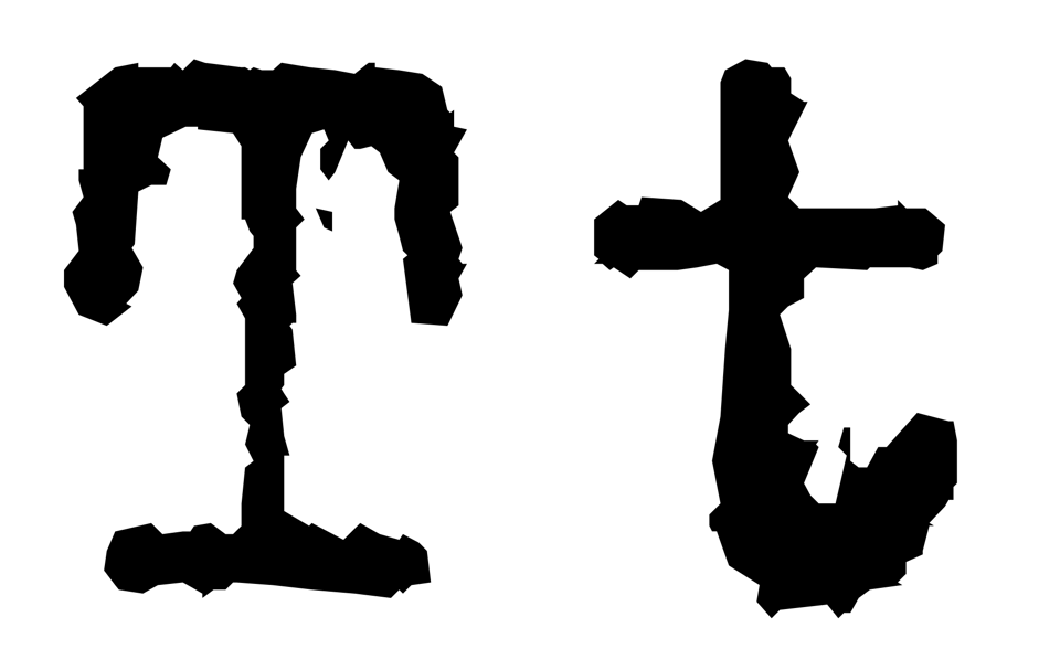Latin capital letter T, latin lowercase letter t. In a textured, monospaced, "Typewriter" design.
