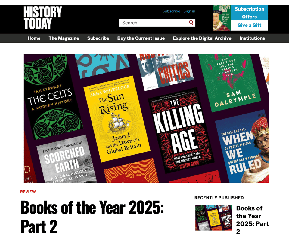 Screenshot from History Today magazine: central image has a bunch of bright book covers in rows, arranged diagonally. Below is the title: Books of the Year 2025: part 2.