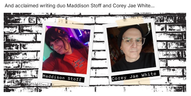 Background shows a scratchy black and white image of a brick wall, overlaid with 2 polaroid type photos of Maddison Stoff - a white woman with dark hair, a red jacket and an orange-red shirt that says "I want to talk about me" - and Corey Jae White - a hite woman wearing a black jumper, black beanie, and clear-framed glasses.