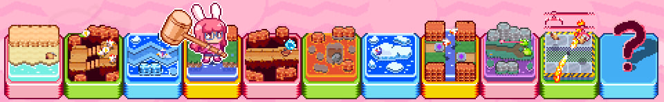 A row of little dioramas of the Hyper Bun Buster stages