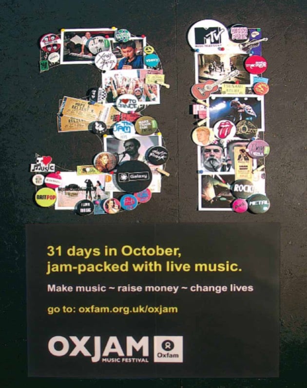 Poster advertising Oxjam - "31 days in October, jam-packed with live music."