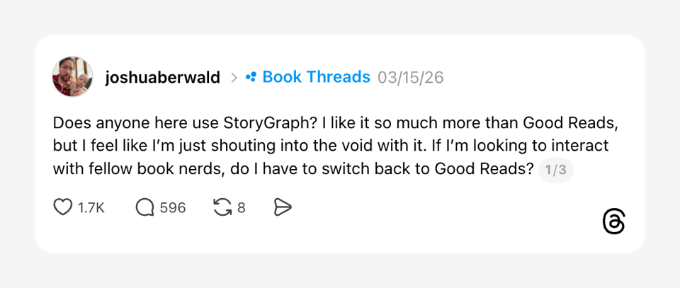 Same Threads post as prior image, now showing engagement stats: 1.7K likes, 596 comments, and 8 reposts. Dated 03/15/26.
