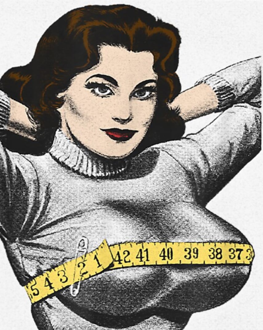 A 1950s cartoon features a sexy woman in a tight sweater with huge hammers and a measuring tape around her bust