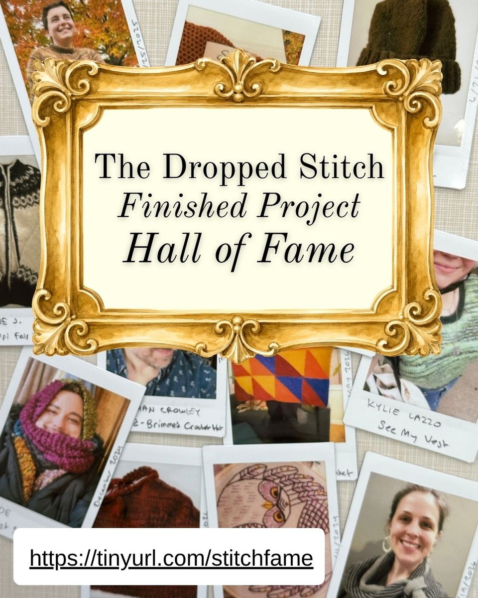 "dropped stitch finished project hall of fame" surrounded by polaroids of various projects