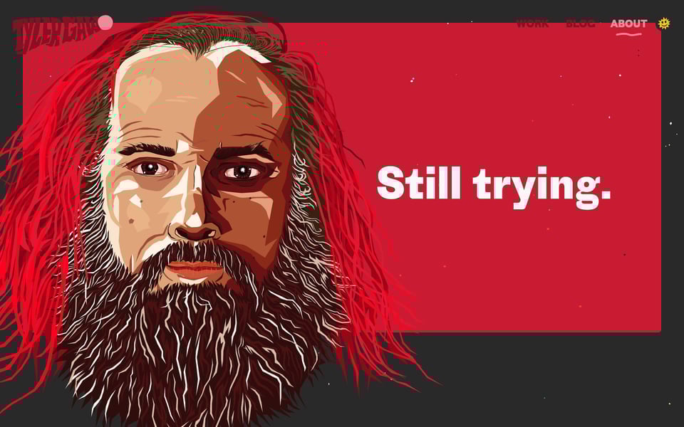 The about page with a large illustration of Tyler