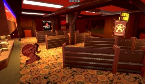 Screenshot from Diver 2's game Late Fee. It's a room with orange, patterned carpet, wood walls, and neon lights.