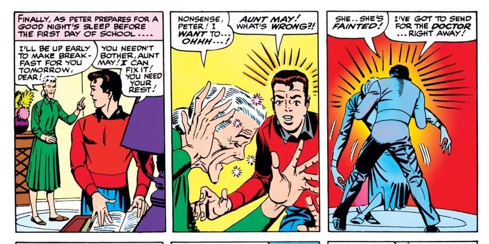 Three panels from a classic Spider-Man comic drawn by Steve Ditko in which Aunt May promises to get up early and make breakfast for Peter Parker only to have a sudden dizzy spell and faint. Peter Parker vows to go get a doctor... right away!