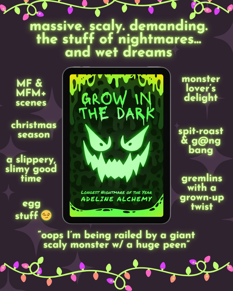 A book map graphic of the aforementioned book. Clockwise from the top, text reads: massive, scaly, demanding. The stuff of nightmares... and wet dreams. monster lover's delight. spit roast and gang bang. gremlins with a grown-up twist. "Oops I'm being railed b a giant scaly monster with a huge peen." egg stuff. a slippery, slimy good time. Christmas season. MF & MFM+ scenes.