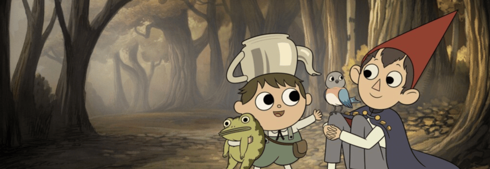 Two animated little boys with a bluebird and a frog in a wood.