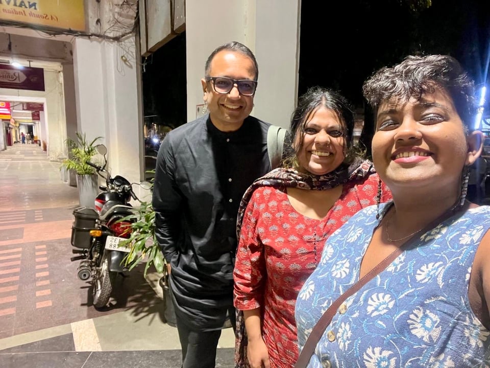 An image of me (Kush), Tash (in the center), and Vaan (in the foreground) at New Delhi's Connaught Place.