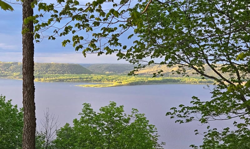The first thing most Frontenac State Park visitors brake for is the park’s dramatic signature view at the main overlook at the end of the park’s main road. You can see so far there – east toward Lake Pepin/the Mississippi River and the Wisconsin bluffs and south toward Frontenac State Park’s Sand Point Trail and beyond to Lake City. This view is from a bit to the north, just east of the parking lot. That golden area is the Rush River Delta Wisconsin State Natural Area. / Photo by Pamela Miller