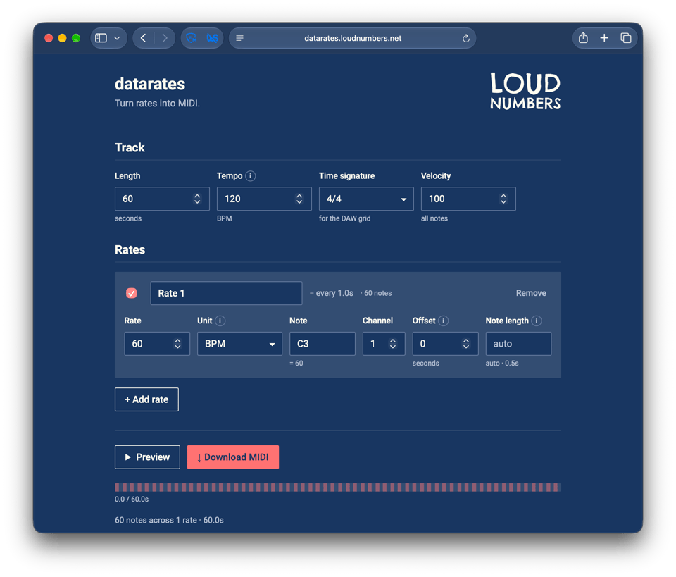 Screenshot showing the Datarates interface