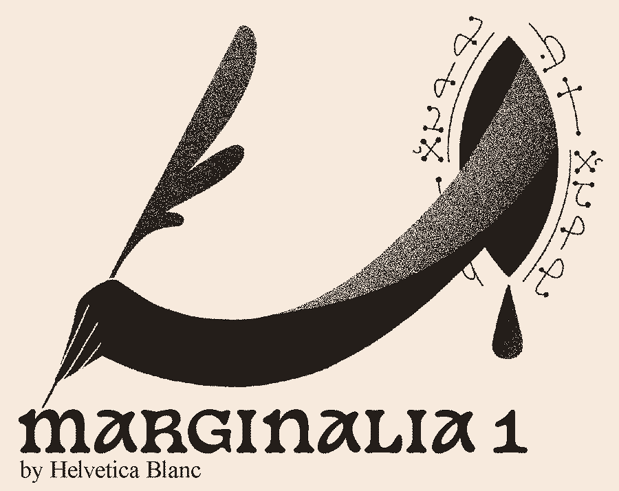 Cover of Marginalia 1, showing a hand reaching from a portal and writing the title with a quill.