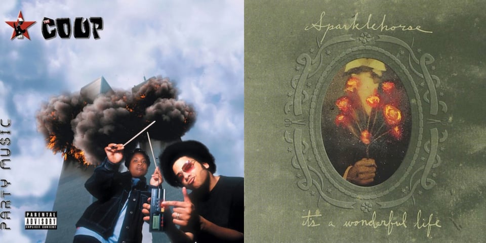 First pic: A low angle picture of the World Trade Center towers exploding from the middle of the buildings, big black clouds and red-orange fires. It looks *incredibly* similar to how it looked when the planes hit it. At the bottom are a Black woman and Black man, Pam the Funkstress and Boots Riley, as if on the ground in front of it. Riley, with a knowing look, is pressing a button on an electronic tuner, suggesting he set off the explosives. Behind him Pam the Funkstress is holding two sticks, one in each hand. I'm unsure what the sticks are. Second pic: I think this is a green, old, worn picture frame with an oval window set into it for the photo. The photo within is the torso of a man, in an old fashioned, 20s-style suit, holding a bouquet of rose-like flowers. The flowers burst with bright orange and red colors. Around the oval shape are ribbon shapes, decorating it.