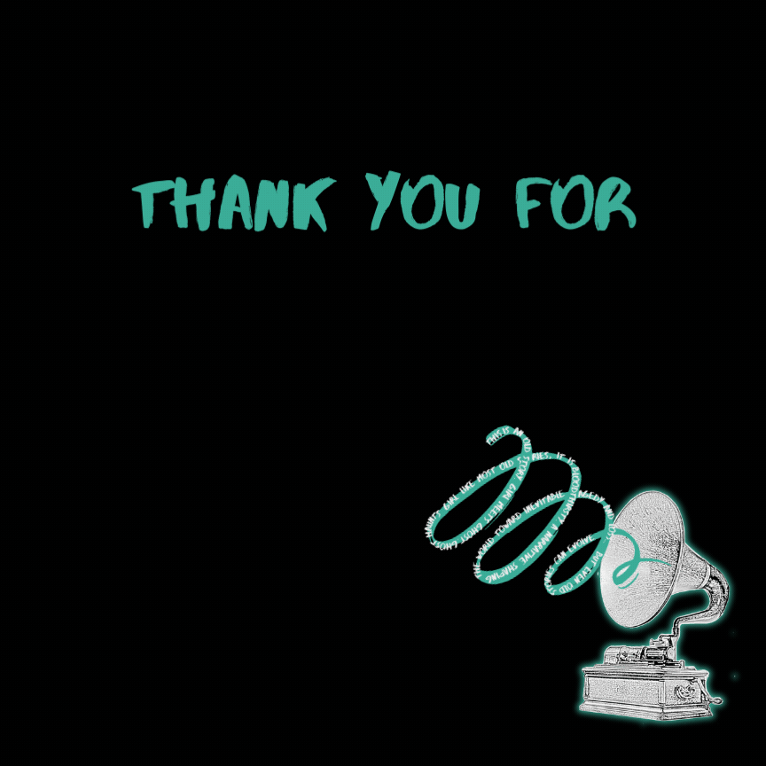 The Way We Haunt Now's phonograph with a spiral of words and the caption Thank You For 50,000 Listens