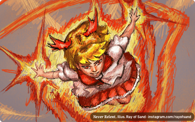 An illustration showing Celosia flying directly at the viewer, using flames from her hands to propel herself.