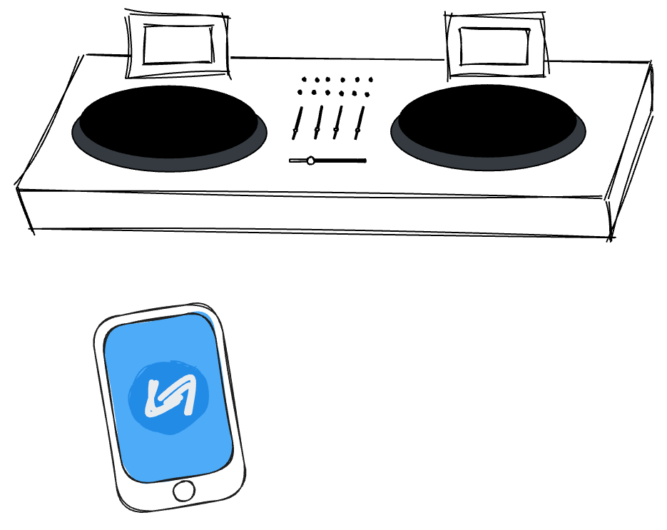 an illustrated DJ deck floating with a phone featuring an illustration of the shazam logo on the screen
