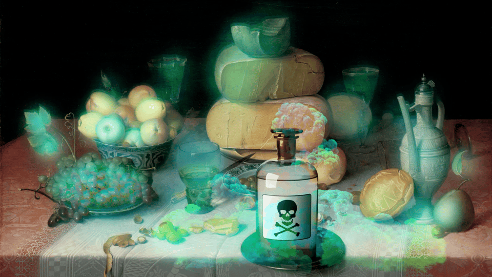 an AI-generated image of a bottle of poison on a table set with a renaissance-inspired still life in sickly shades of green