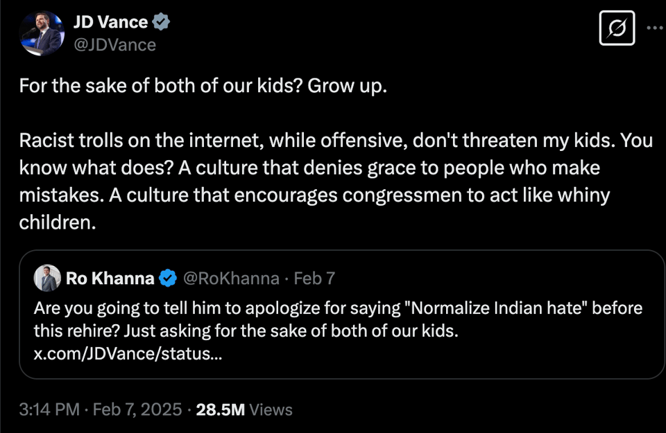 Vance tweet saying Khanna needs to "grow up" and arguing that a culture that denies grace is a bigger threat to his kids