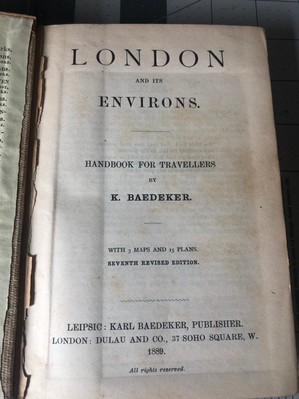 title page of LONDON AND ITS ENVIRONS, HANDBOOK FOR TRAVELERS, BY K. BAEDEKER. at the bottom: 1889.